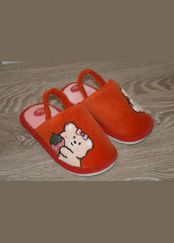 Коралловые тапочки для девочки с милым мишкой на резинке No Brand с аппликацией, с белой подошвой