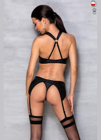 Черный демисезонный сетчатый набор: бюстгальтер с халтером, трусики и пояс для чулок amanda set black l/xl - Passion