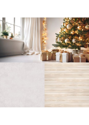 Фон вініловий 3D вікно з гірляндами і подарунками, підлога світлий камінь і натуральне дерево, 80×80 см, №58550 PhotoVinyl (354373558)