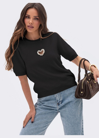 футболка чорного кольору з вирізом серце та короткими рукавами Dressa - (332052102)