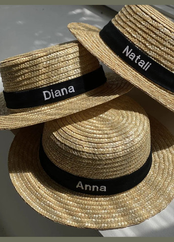 Канотье соломенная шляпа бежевая с прямыми полями 6 см для города с вышивкой вашего имени D.Hats (283022790)