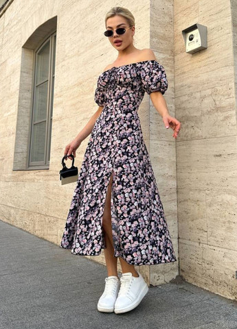 Комбінована повсякденний вишукана легка літня міді сукня з короткими рукавами ліхтарик та шнурівкою на спині Allthings з квітковим принтом