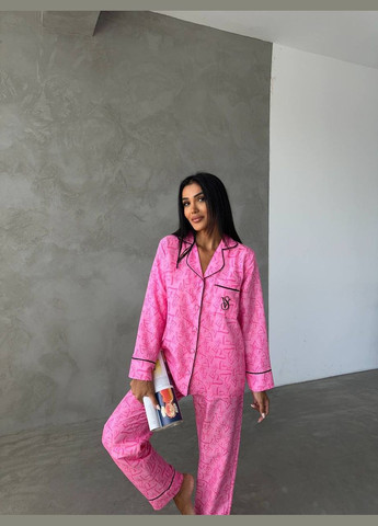 Розовая всесезон стильный домашний костюм пижамка с лого vs рубашка + брюки Vakko