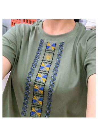 Вишита футболка жіноча хакі патріотична з тризубом Ladan - (301026577)