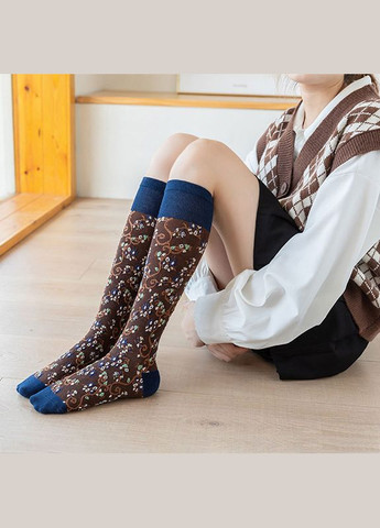 Набор гольфов 4 пары высоких носков с цветочным орнаментом зеленые серые коричневые синие No Brand (317539682)