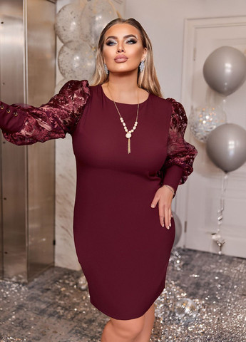 Бордова святковий, коктейльна, вечірня, ділова сукня міді з довгими рукавами буфами силуетна, дзвін, футляр No Brand однотонна