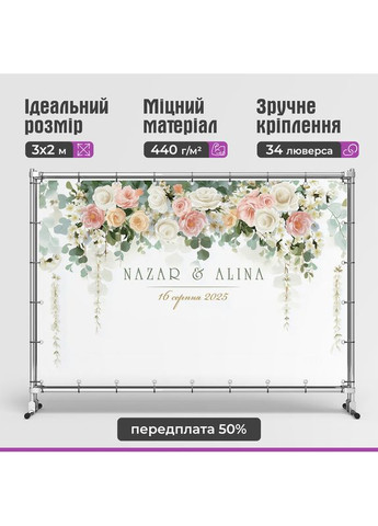 Весільний банер для фотозони 3×2 м з люверсами, литий 440 г/м², №45338 Vinylpex (361032858)