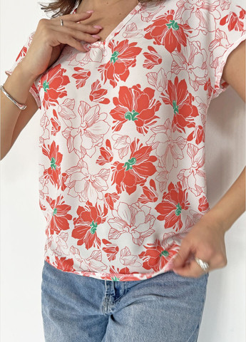 Коралова літня практична блуза прямого крою у квітковий принт INNOE Блузка