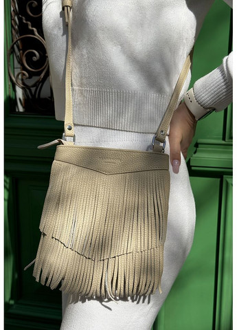 Шкіряна жіноча сумка з бахромою міні-кроссбоді Fleco світло-бежева BlankNote кросс-боди (348359322)