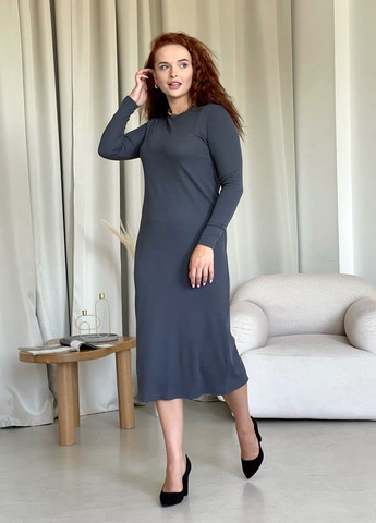 Серое повседневный длинное демисезонное платье в рубчик с разрезом сзади платье-свитшот Merlini однотонное