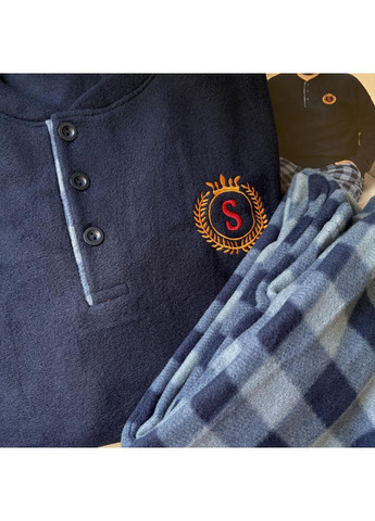 Піжама (кофта+штани) чоловіча тепла Фліс синя Клітинка SNC3447/3448-s SNC (371646071)