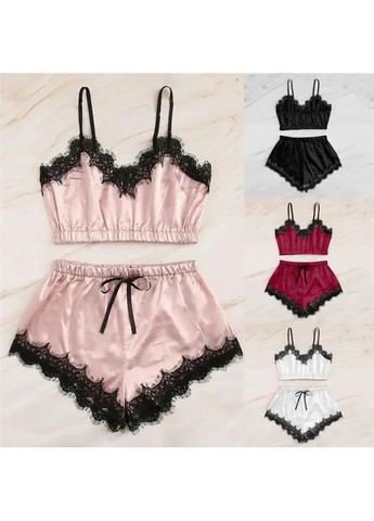 Рожева жіноча атласна піжама з шортами та майкой з кружевом по краям і бантиком China