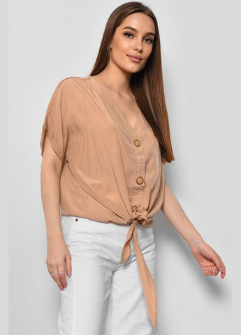 Бежевая блуза женская полубатальная с коротким рукавом бежевого цвета с баской Let's Shop