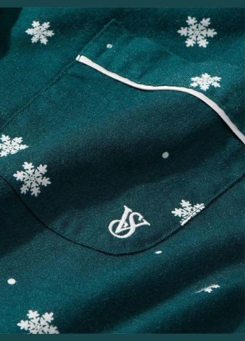 Зелена всесезон піжама жіноча flannel long pajama set фланелева в сніжинки зелений сорочка + брюки Victoria's Secret