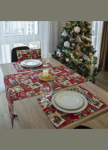 Новогодняя красная гобеленовая дорожка на стол, скатерть дорожка новогодняя декоративная с золототым люрексом 37х100 Maystat (305390569)