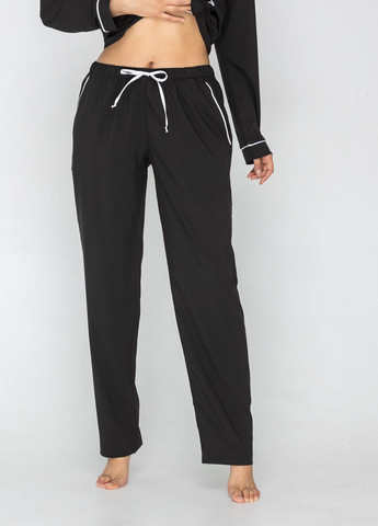 Чорна всесезон жіноча піжама сорочка з довгим рукавом і штани (чорний/білий кант) сорочка + брюки GorLin