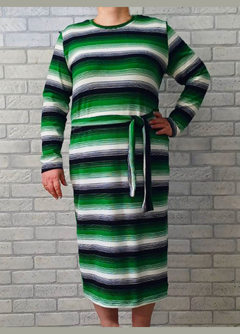 Комбінована сукня жіноча супер батал великого розміру з довгим рукавом, зимовий теплий акрил з поясом, в широку смужку No Brand