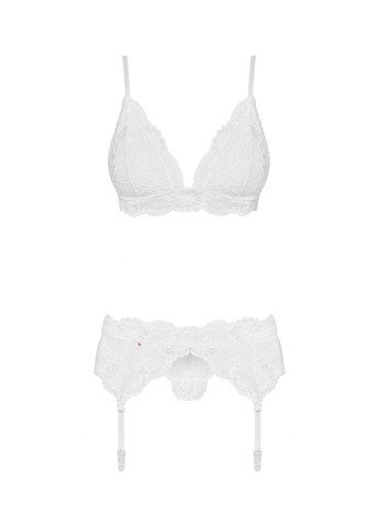 Белый демисезонный кружевной комплект белья 810-seg-1 white, бюстгальтер, стринги, пояс для чулок Obsessive
