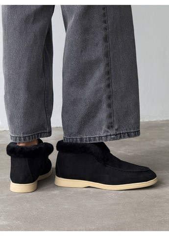 женские зимние лоферы из натуральной замши с мехом, черные, на низком ходу No Brand