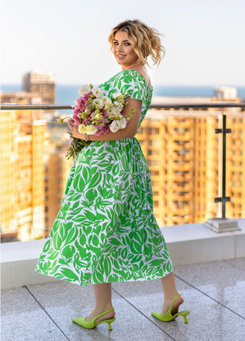 Зелена повсякденний, кежуал сукня літня міні з мереживом та воланом дзвін, кльош No Brand з квітковим принтом