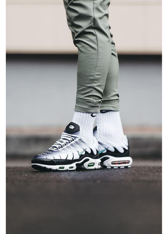 Сірі Осінні кросівки чоловічі nike air max plus tn black white green найк аір макс тн плюс No Brand