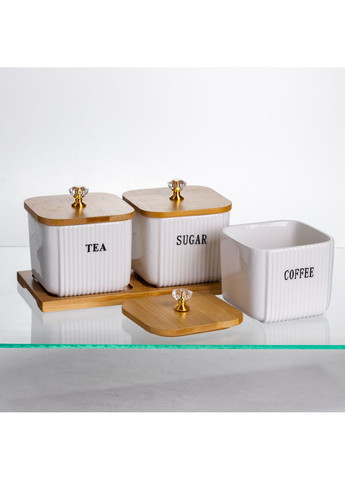 Набір банок для зберігання 3 штуки по 350 мл з кришками на бамбуковій підставці Yiwu (366092026)