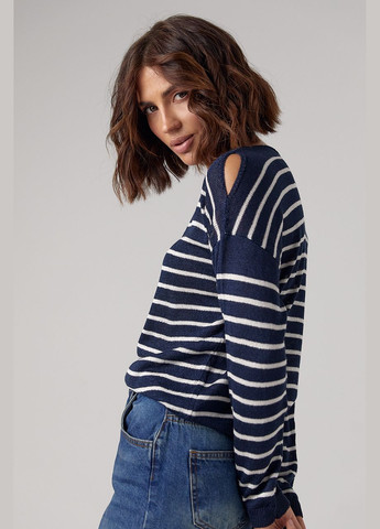 Темно-синій демісезонний жіночий смугастий лонгслів із розрізами на плечах - бежевий колір, one size (sku_241048) No Brand