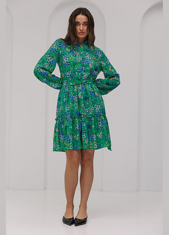 Зелена коротка сукня в квіточку чорну з довгими рукавами Arjen