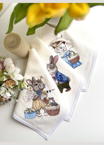 Лляна великодня серветка з вишивкою пасхальний рушник на кошик TobiSobi з кроликом TS00009 Figasse (333023763)