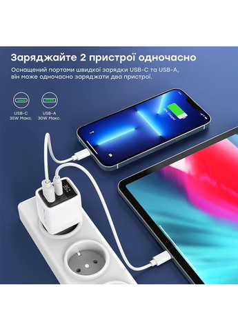 Сетевое зарядное устройство для PD6052 PD35W GAN A+C White (43-00128) CHOETECH (317463579)