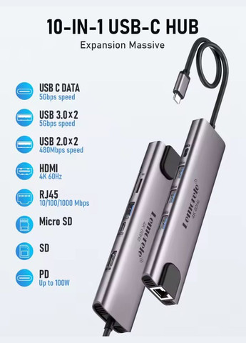 USBхаб 10 в 1 Lemorele TC46 концентратор (Type-C to USB-C, 2хUSB 3.0, 2хUSB 2.0, HDMI, RJ45, SD, PD) No Brand (316132021)