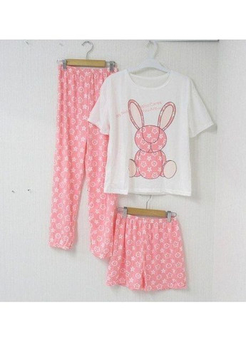 Комбинированная всесезон стильная пижама 3в1. пижама с шортами и штанишками из бамбука. бамбуковая пижама с кроликами розовая No Brand