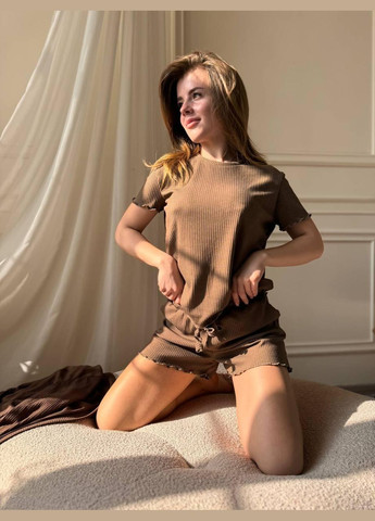 Коричнева всесезон комплект халат та піжама з шортами та футболкою коричневий к4005-4 (к4005-4-02) No Brand