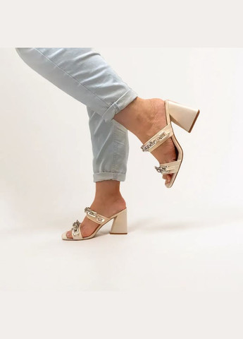 Бежевые женские кожаные босоножки, сабо на каблуке 1060 бежевые L&M без застежки