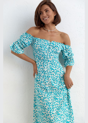 Бирюзовое повседневный летнее платье на пуговицах и с открытыми плечами 6439 Lurex с цветочным принтом