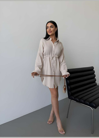 Бежева пляжна, повсякденний, кежуал жіноча літня сукня-сорочка на гудзиках муслінова бежева Україна