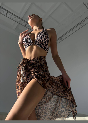 Бежевий літній трендовий купальник лео з парео роздільний Vakko