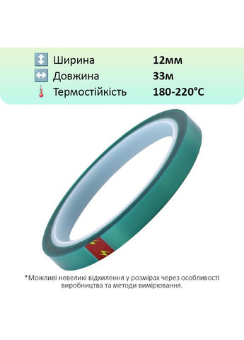 Термостійкий скотч PET зелений / 220°C Max / товщина 0.06 мм / довжина 33 м / ширина 12 мм MaYuan (322707063)