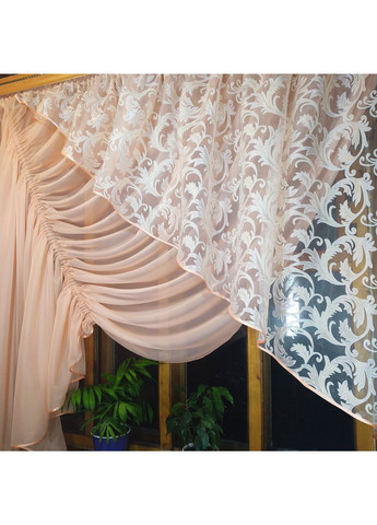 Занавеска короткая готовая Камелия персик вензель крем левая No Brand (372133962)