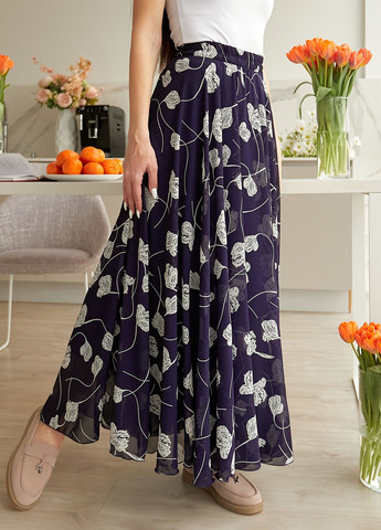 Темно-синяя повседневная, кэжуал цветочной расцветки шифоновая юбка-макси клёш No Brand клешированная, колокол, а-силуэта (трапеция)