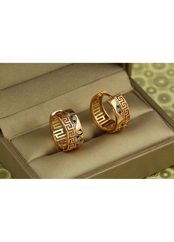 Сережки кільця Хuping Jewelry широкі колечки з грецьким малюнком і синіми каменями 2 см золотисті Xuping Jewelry (364122715)