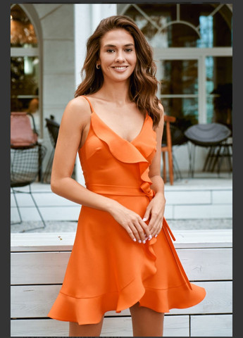 Світло-оранжева вечірня сукня жіноча коротка нарядна на брителях з спідницею-сонце itelle однотонна