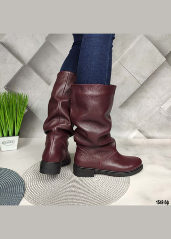 Комбіновані шкіряні чоботи демісезонні без блискавки бордового кольору No Brand