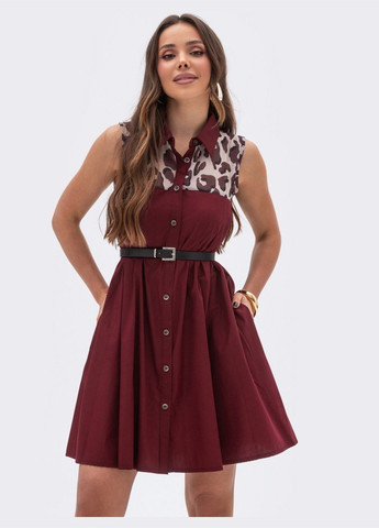 Бордова кежуал коротка сукня а-силуету з поясом бордова Dressa з тваринним принтом