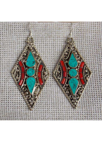 Этнические непальские серьги винтажные с бирюзой и кораллом в форме ромба No Brand (364202408)