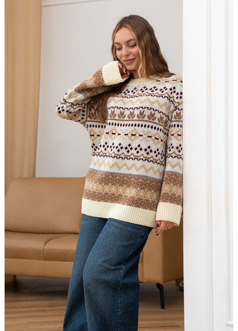 Молочний жіночий теплий вовняний светр шафран з орнаментом молочний з бежем You Best