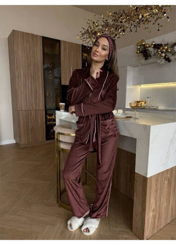 Коричневая пижама женская тройка/домашний костюм тройка велюр бордо No Brand