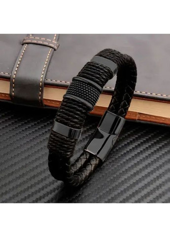 Мужкой браслет из кожи и стали черный на магнитном замке 21 см No Brand (369964999)