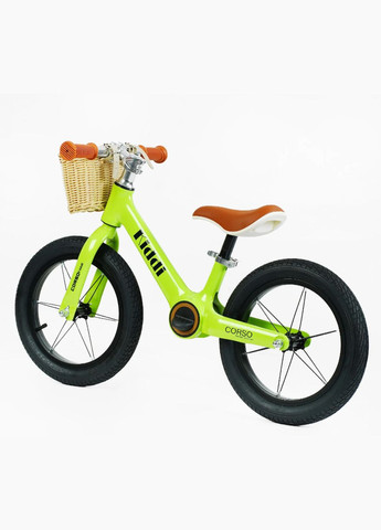 Велобіг KIDDI магнієва рама гумові надувні колеса 14'' алюмінієві обода підставка для ніг кошик Зелений (LT-14127) Corso (319842022)