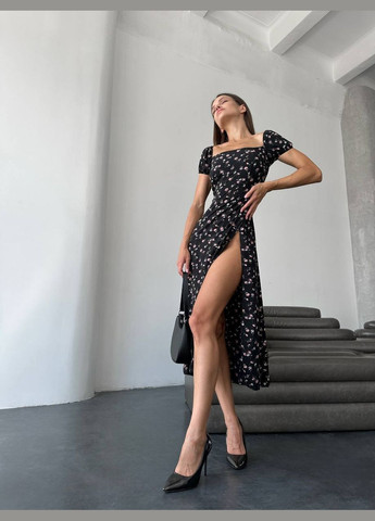 Черное кэжуал, коктейльное платье в цветочный принт No Brand с цветочным принтом